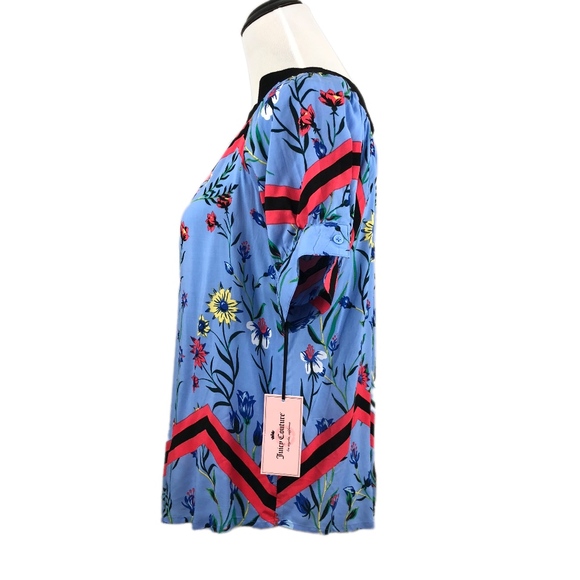 JUICY COUTURE Top Chevon Off Shoulder Short Sleeves Rayon Blue Floral Small - Picture 3 of 7